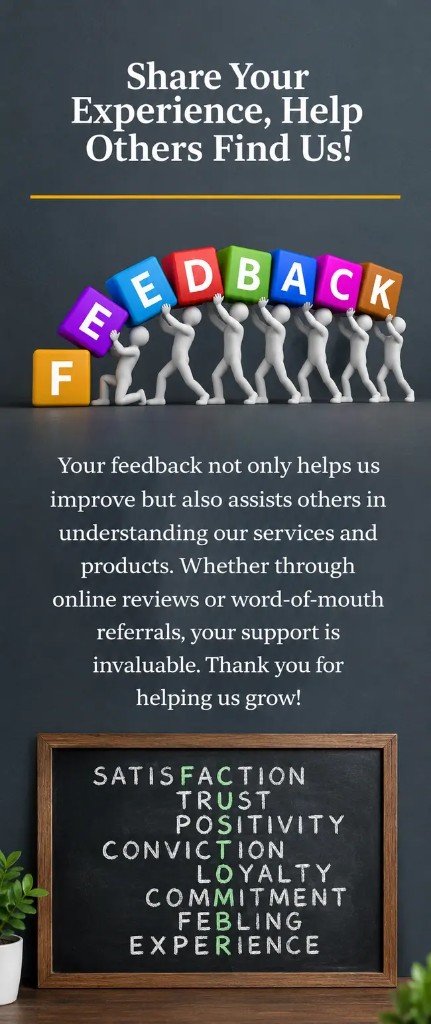 Share Your Experience, Help Others Find Us! Your feedback not only helps us improve but also assists others in understanding our services and products.