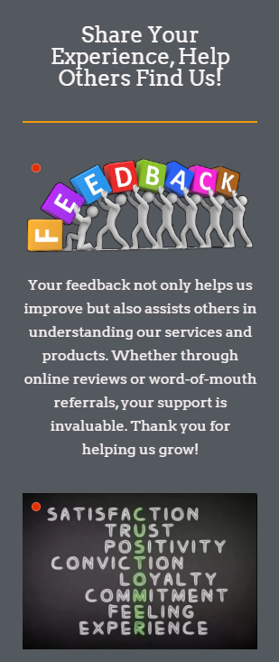 Share Your Experience, Help Others Find Us! Your feedback not only helps us improve but also assists others in understanding our services and products.